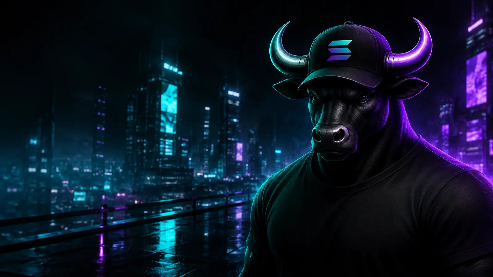 The Solana Bull on a neon rooftop